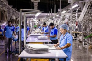 Blue-collar staff in a textile factory focusing on garment production and quality control.